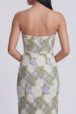 Strapless Sheath Floral Green Wedding Guest Dress with Slit