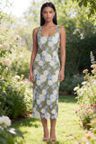 Scoop Neck Floral Green Cut Out Midi Wedding Guest Dress