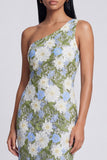 One Shoulder Floral Green Cut Out Sheath Wedding Guest Dress