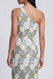 One Shoulder Floral Green Cut Out Sheath Wedding Guest Dress