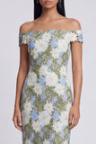 Off the Shoulder Cut Out Floral Green Wedding Guest Dress