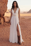 Ivory Ruffled A Line V Neck Boho Wedding Dress