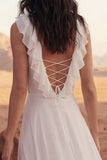 Ivory Ruffled A Line V Neck Boho Wedding Dress
