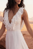 Ivory Ruffled A Line V Neck Boho Wedding Dress