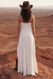 Ivory Ruffled A Line Satin Boho Wedding Dress