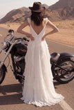 Ivory A Line Ruffled Boho Wedding Dress with Slit