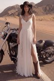 A Line Lace Ivory Ruffled Boho Wedding Dress with Slit