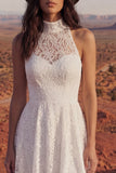 High Neck High Low A Line Lace Ivory Boho Wedding Dress