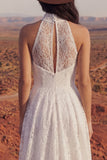 High Neck High Low A Line Lace Ivory Boho Wedding Dress