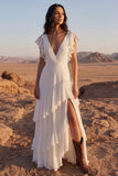 Tiered Ruffled V Neck Ivory Maxi Boho Wedding Dress