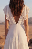 Tiered Ruffled V Neck Ivory Maxi Boho Wedding Dress