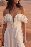 Off the Shoulder Ruffled Ivory A Line Boho Wedding Dress