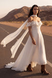 Off the Shoulder High Low A Line Ruffled Ivory Boho Wedding Dress