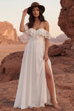 Ivory Off the SHoulder A Line Lace Boho Wedding Dress with Ruffles