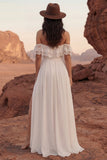 Ivory Off the SHoulder A Line Lace Boho Wedding Dress with Ruffles