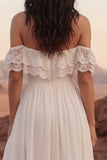Ivory Off the SHoulder A Line Lace Boho Wedding Dress with Ruffles