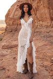 Ivory Lace V Neck Maxi Boho Wedding Dress with Ruffles