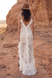 Ivory Lace V Neck Maxi Boho Wedding Dress with Ruffles