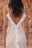 Ivory Lace V Neck Maxi Boho Wedding Dress with Ruffles