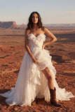 Ivory Strapless Ruffled Ruched Boho Wedding Dress