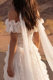 Ivory Off the Shoulder Lace Ruffled A Line Boho Wedding Dress