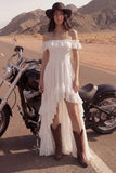 Off the Shoulder High Low Ivory Ruffled Boho Wedding Dress
