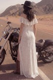 Off the Shoulder Lace Ruffled Ivory Boho Wedding Dress
