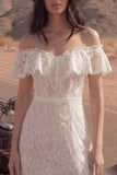 Off the Shoulder Lace Ruffled Ivory Boho Wedding Dress