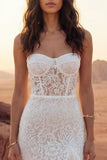 Ivory Strapless Corset Lace Sheath Boho Wedding Dress