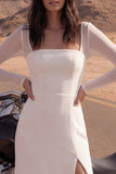Long Sleeve A Line Ivory Satin Boho Wedding Dress