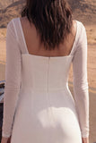 Long Sleeve A Line Ivory Satin Boho Wedding Dress