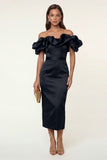 Off the Shoulder Black Ruffled Bodycon Work Dress