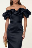 Off the Shoulder Black Ruffled Bodycon Work Dress