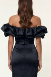 Off the Shoulder Black Ruffled Bodycon Work Dress