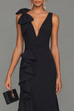 Black Bowed V Neck Maxi Formal Dress with Ruffles