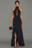 Halter Cut Out Black Mermaid Maxi Formal Dress with Ruffles