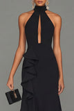 Halter Cut Out Black Mermaid Maxi Formal Dress with Ruffles