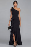 One Shoulder Black Mermaid Bowed Formal Dress with Ruffles