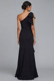 One Shoulder Black Mermaid Bowed Formal Dress with Ruffles