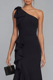 One Shoulder Black Mermaid Bowed Formal Dress with Ruffles
