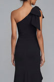 One Shoulder Black Mermaid Bowed Formal Dress with Ruffles