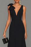 Black Mermaid Bowed V Neck Maxi Formal Dress