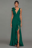 Dark Green Mermaid Bowed V Neck Formal Dress with Ruffles