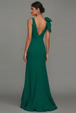 Dark Green Mermaid Bowed V Neck Formal Dress with Ruffles