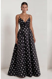 Black White Polka Dot Ruched A Line Maxi Formal Dress