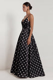 Black White Polka Dot Ruched A Line Maxi Formal Dress