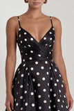 Black White Polka Dot Ruched A Line Maxi Formal Dress