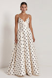 Black White Polka Dot Ruched A Line Maxi Formal Dress