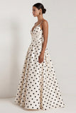 Black White Polka Dot Ruched A Line Maxi Formal Dress