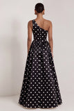 One Shoulder White Black Polka Dot A Line Formal Dress